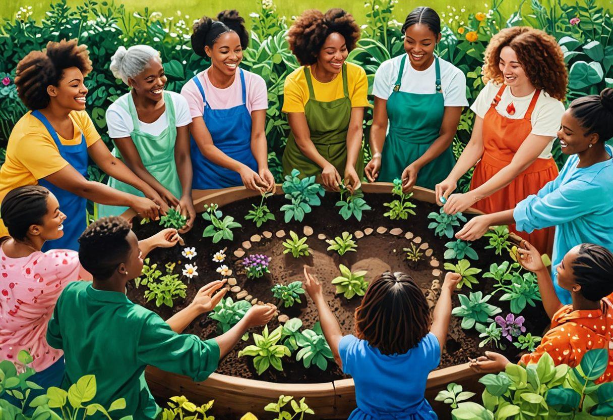 An illustration depicting diverse groups of people joyfully collaborating in a lush green community garden, symbolizing empowerment and love. Include elements such as hands planting seeds together, hearts around the scenes, and a radiant sun shining above. Incorporate diverse cultural attire to showcase inclusivity and connection. Bright colors and a warm atmosphere to evoke positivity and unity. vibrant colors. painting.