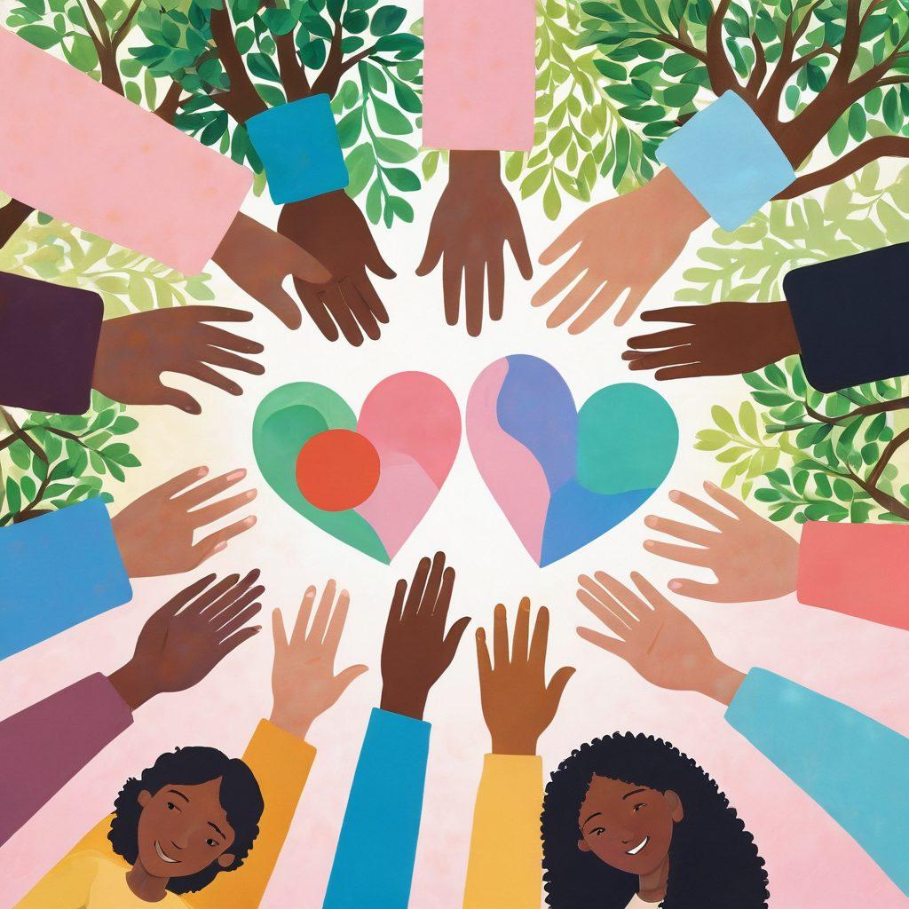 A diverse group of people engaged in a heartfelt conversation, surrounded by symbols of support like hands holding hearts, and interconnected circles representing community bonds. The background features soft pastel colors to evoke warmth and connection, with elements like trees symbolizing growth and engagement. super-realistic. vibrant colors. 3D.