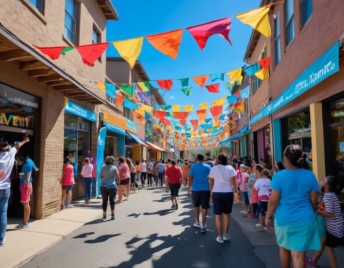 A heartwarming scene depicting diverse community members of all ages engaging in a lively outreach event, surrounded by colorful banners promoting love and support. Include smiling faces, children playing games, and volunteers providing assistance, all under a sunny sky filled with love-themed decorations. The atmosphere should exude warmth and togetherness, highlighting the essence of community bonds. vibrant colors. super-realistic.